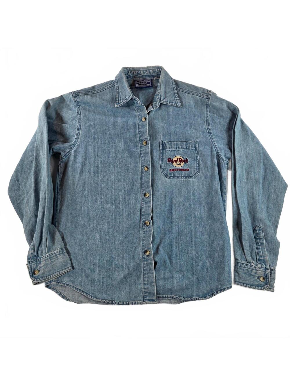 Hard Rock Cafe Amsterdam Denim Shirt Women's Large Light Blue Vintage Casual